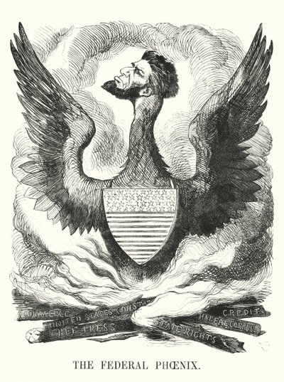 Soco cartoon: The Federal Phoenix - A reeleição de Abraham Lincoln nas eleições presidenciais americanas de 1864 (gravura) de English School