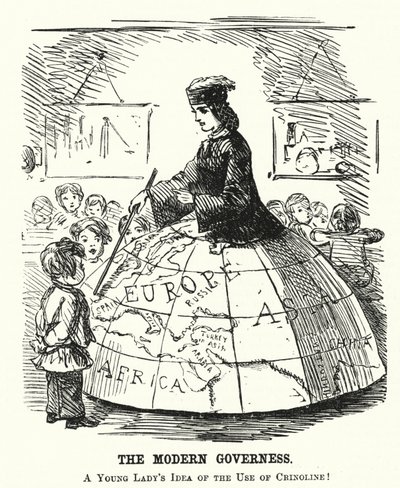 Soco cartoon: O Governo Moderno - uma saia larga que serve como auxiliar de ensino de geografia (gravura) de English School