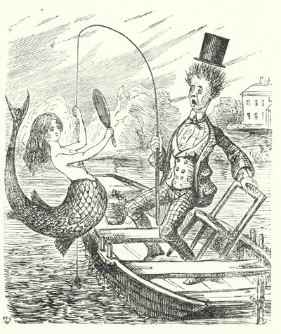 Punch cartoon: pescador apanhando uma sereia (gravura) de English School