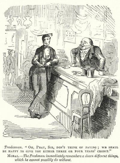 Punch cartoon: estudante universitário caloiro a negociar com um lojista (gravura) de English School