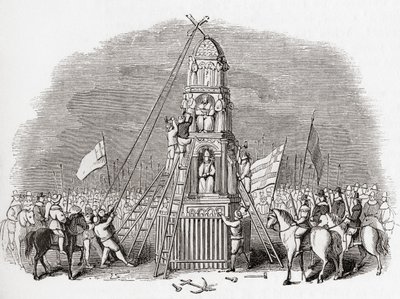 Puritanos destruindo a Cruz de Cheapside, também conhecida como Cruz de Eleanor, em Londres, Inglaterra, em 1643, de Old England: A Pictorial Museum, pub. 1847 de English School