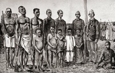 Nativos pigmeus comparados com oficiais ingleses, sudaneses e zanzibaris, 1890 (gravura em madeira) de English School