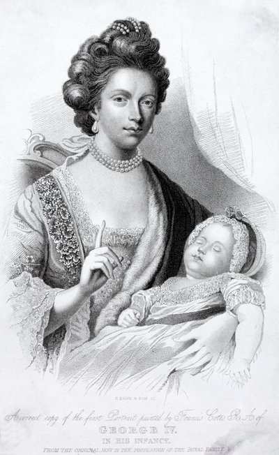 Rainha Charlotte, Consorte do Rei Jorge III, com o seu filho bebé, o futuro Príncipe Regente e Rei Jorge IV de English School