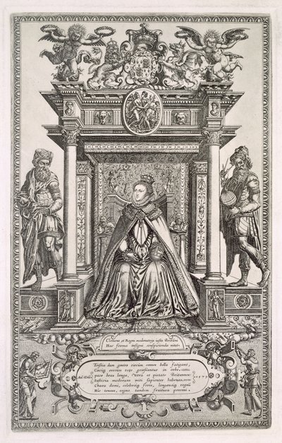 Rainha Elizabeth I (1533-1603) como Patrono da Geografia e Astronomia, Frontispício de um livro de Mapas Saxões da Inglaterra, 1579 de English School