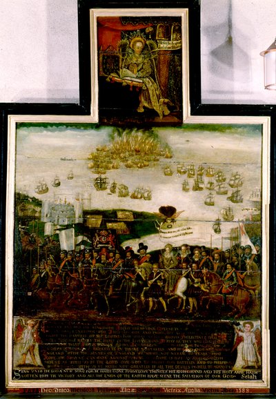 A rainha Isabel I chega a Tilbury e a derrota inglesa da Armada espanhola de 1588 (óleo sobre painel) de English School