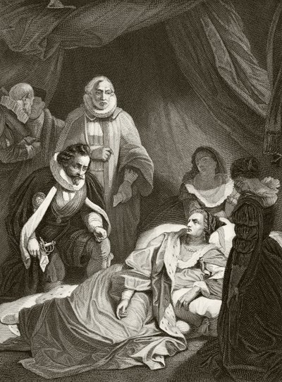 Rainha Elizabeth I em seu leito de morte, de "A História Nacional e Doméstica da Inglaterra" por William Hickman Smith Aubrey (1858-1916) publicou Londres, c.1890 de English School