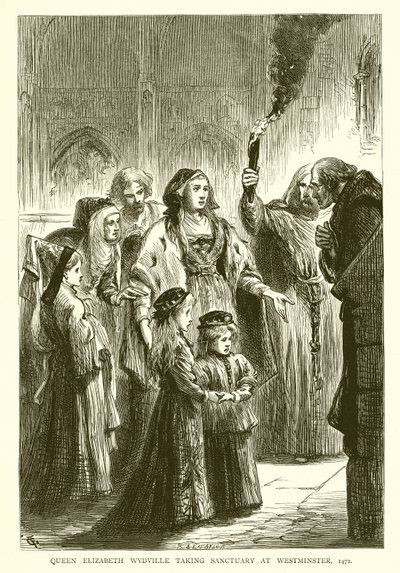 Rainha Elizabeth Wydville tomando Sanctuary em Westminster, 1471 de English School