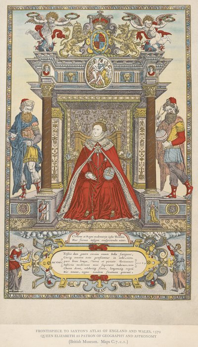 Rainha Isabel como padroeira da geografia e da astronomia. Frontispício ao atlas de Saxton de Inglaterra País de Gales de 1579 (cor litho) de English School