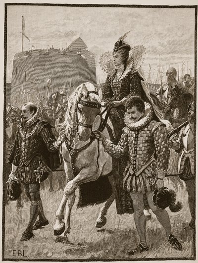 Rainha Elizabeth em Tilbury, ilustração da história ilustrada de Cassells da Inglaterra (foto sépia) de English School
