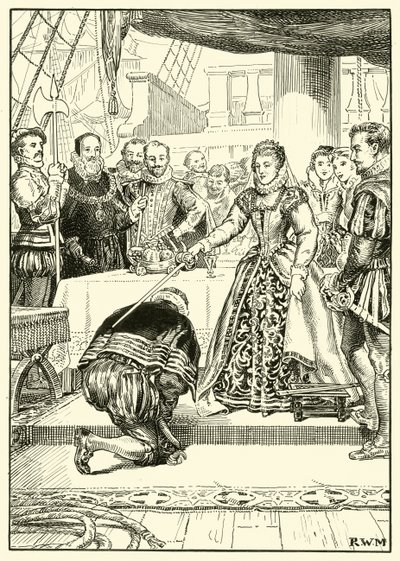 Rainha Elizabeth a bordo do Golden Hind (tinta no papel) de English School