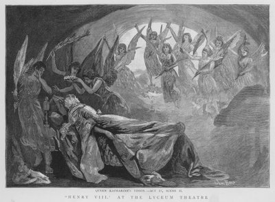 A visão da Rainha Katherine, cena de uma produção de Henrique VIII de Shakespeare no Lyceum Theatre, Londres (litho) de English School