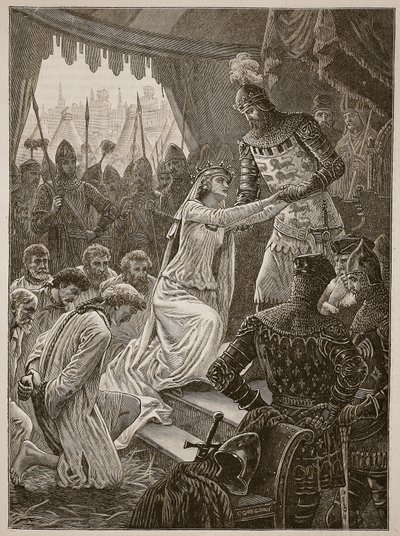 Rainha Philippa intercedendo pelas Burghesses de Calais, ilustração de Cassells Illustrated History of England (foto em sépia) de English School