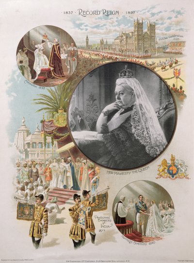 Rainha Vitória (1819-1901), representada na época de seu Jubileu de Diamante, em 1897, juntamente com alguns dos principais acontecimentos de sua vida, em 1897 de English School