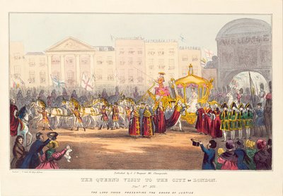 Rainha Vitória entrando na cidade de Londres em Temple Bar, gravada por G. Tregear, 1837 de English School
