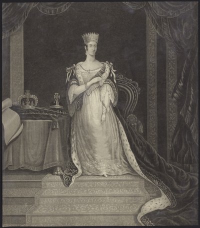 Rainha Victoria sentada ao lado das joias da coroa de English School