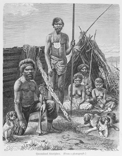 Os aborígenes de Queensland, gravados a partir de uma fotografia de E. Krell, de &39;The History of Mankind&39;, Vol. 1, do Prof. Friedrich Ratzel, 1896 (gravura) de English School