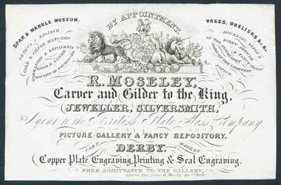 R Moseley, escultor e dourador para o rei, cartão de comércio de English School