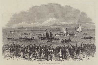 Corrida de Seis Barcos Salva-Vidas em Penzance (gravura) de English School