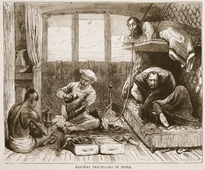 Estrada de ferro viajando na Índia, ilustração de história ilustrada de Cassells da Inglaterra de English School