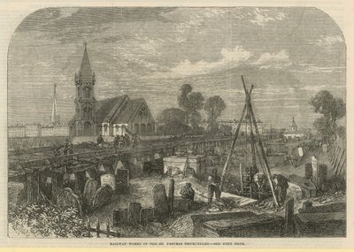 Obras ferroviárias no adro da igreja de Old St Pancras (gravura) de English School