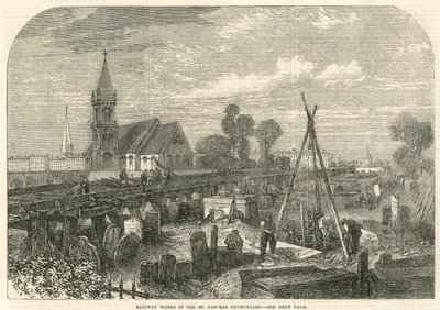 Obras ferroviárias no Old St Pancras Churchyard, Londres de English School