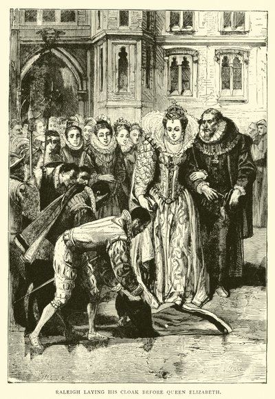 Raleigh, colocando seu manto diante da rainha Elizabeth de English School