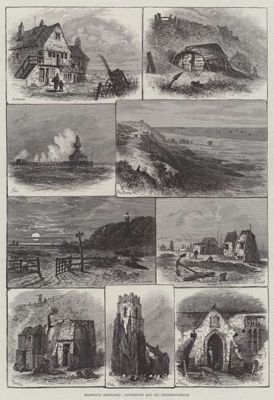 Esboços de Rambling Sketches, Lowestoft e seu Bairro (gravura) de English School