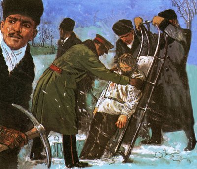 O corpo de Rasputin sendo abaixado através de um buraco no gelo de English School