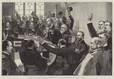 Reeleição do Sr. Parnell como Líder do Partido Irlandês, em 25 de novembro de 1890, na Sala 15 do Comitê, Câmara dos Comuns. de English School