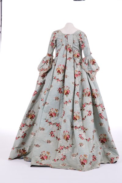 Vista traseira, de, um, sacola, vestido traseiro, 1760s, (brocaded, silk) de English School