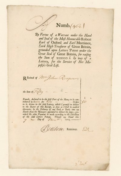 Recebimento da Loteria da Lista Civil de 1713 de English School
