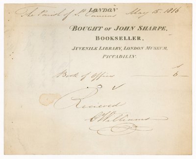 Recibo de John Sharpe, Livreiro, Biblioteca Juvenil, Museu de Londres, Piccadilly, Londres de English School