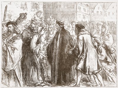Recepção de John Huss em Nuremberg, ilustração da história do protestantismo por James Aitken Wylie (1808-1890), pub. 1878 de English School