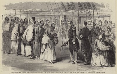Receção dos embaixadores japoneses a bordo da fragata a vapor americana "Roanoake", em Aspinwall, a 25 de abril, pelo oficial de bandeira W J McCluney e pelo capitão Gardner (gravura) de English School