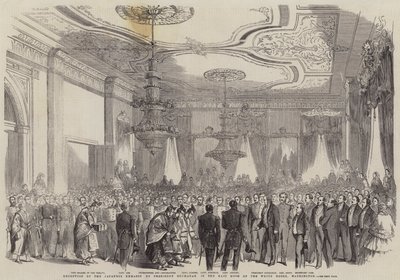 Recepção da Embaixada do Japão pelo Presidente Buchanan na Sala Leste da Casa Branca, Washington (gravura) de English School