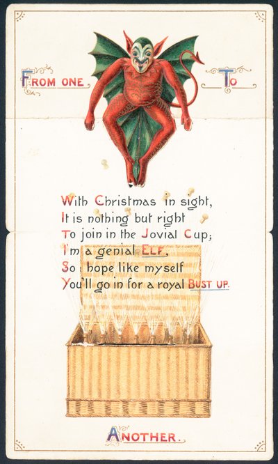 Diabo vermelho e cesta de vime, cartão de Natal de English School