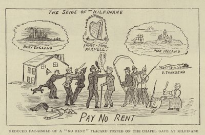 Fac-simile reduzido de um Placard "No Rent" colocado no Portão da Capela em Kilfinane (gravura) de English School