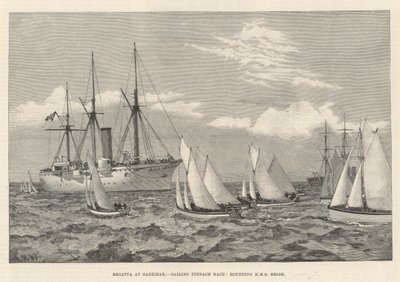 Regata em Zanzibar, Vela Pinnace Race, arredondamento HMS Brisk (gravação) de English School