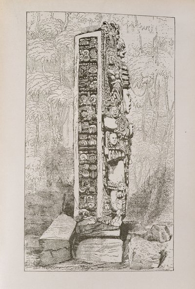 Representação de hieróglifos maias em uma estela, de "Narrativa e crítica da história da América", pub. em 1889 de English School