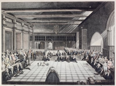 Representação da cerimónia de apresentação dos xerifes de Londres (gravura a cores) de English School
