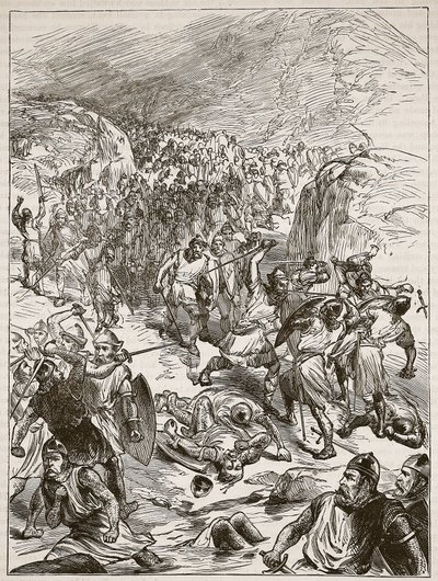 Repulsa dos ingleses em Corwen, ilustração de Cassells Illustrated History of England (foto em sépia) de English School
