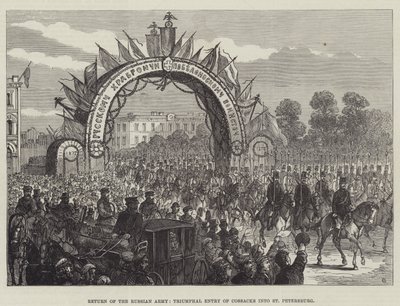 Regresso do Exército Russo, Entrada Triunfal de Cossacos em São Petersburgo (gravura) de English School