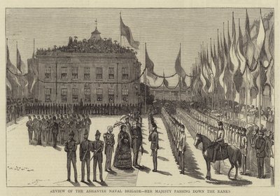 Revisão da Brigada Naval Ashantee, Sua Majestade passando pelos Ranks (gravura) de English School