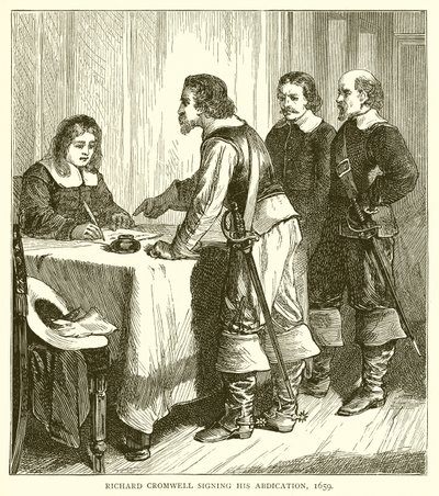 Richard Cromwell assinando sua abdicação, 1659 de English School