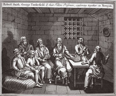 Robert Smith, George Tankerfield e seus companheiros de prisão, reunidos em Newgate, ilustração de Foxes Martyrs c.1703 de English School
