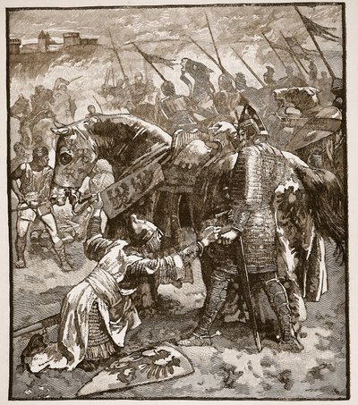 Robert pedindo o perdão de seus pais, ilustração da história ilustrada de Cassells da Inglaterra (foto sépia) de English School