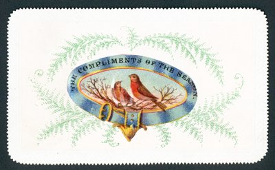 Robins sentado em oval com bordadura de samambaia, cartão de Natal de English School