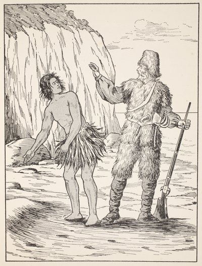 Robinson Crusoe e sexta-feira, ilustração da história de Robinson Crusoe: Uma adaptação para crianças seguindo a linguagem Defoes, pub. por Griffith Farran Browne & Co. Limited, Londres de English School