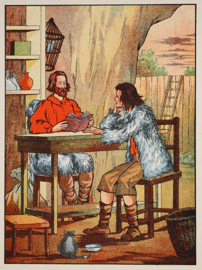 Robinson Crusoe e sexta-feira, ilustração da história de Robinson Crusoe: Uma adaptação para crianças seguindo a linguagem Defoes, pub. por Griffith Farran Browne & Co. Limited, Londres de English School