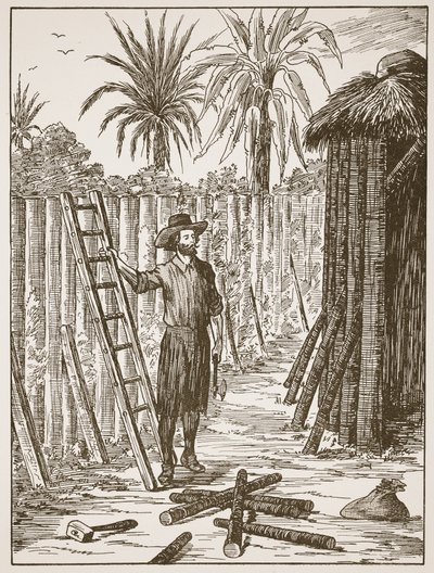 Robinson Crusoe construindo seu pavilhão, ilustração da história de Robinson Crusoé: Uma adaptação para crianças seguindo a linguagem Defoes, pub. por Griffith Farran Browne & Co. Limited, Londres de English School